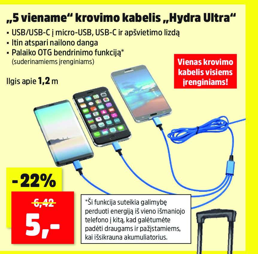 „5 viename“ krovimo kabelis „Hydra Ultra“, 1.2 m