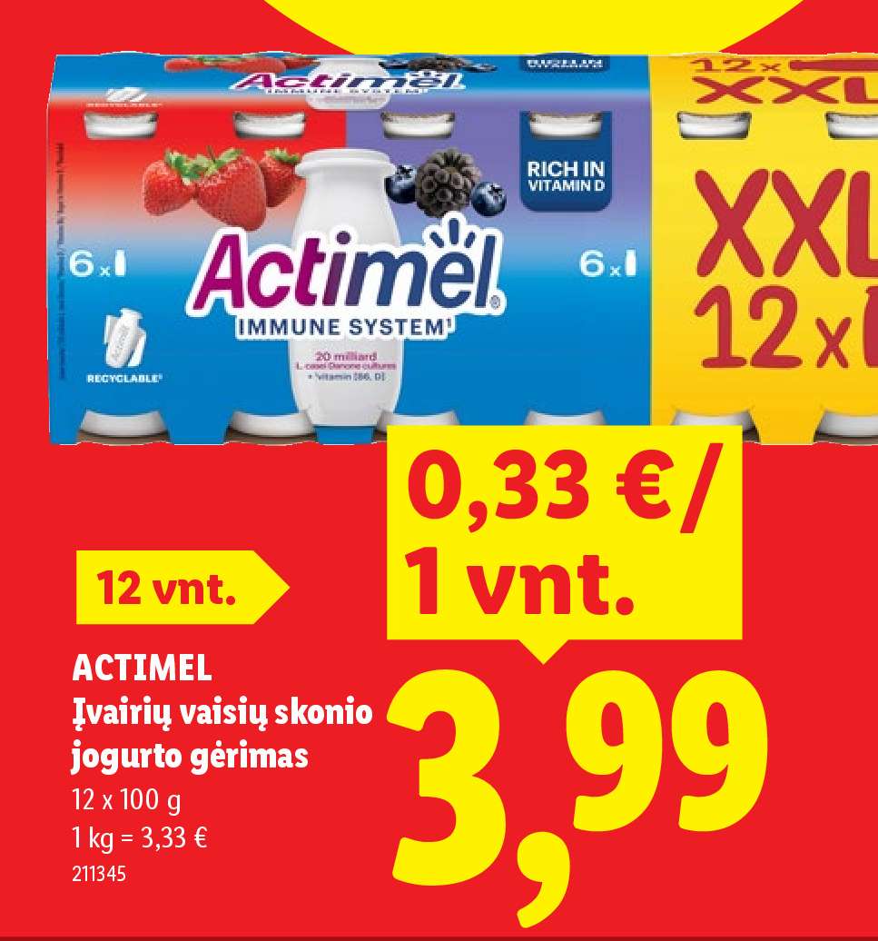 ACTIMEL Įvairių vaisių skonio jogurto gėrimas, 12 x 100 g