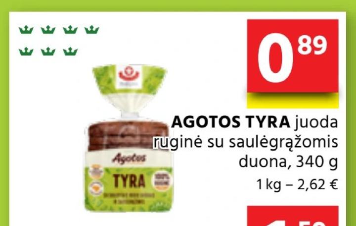 AGOTOS TYRA juoda ruginė su saulėgrąžomis duona, 340 g