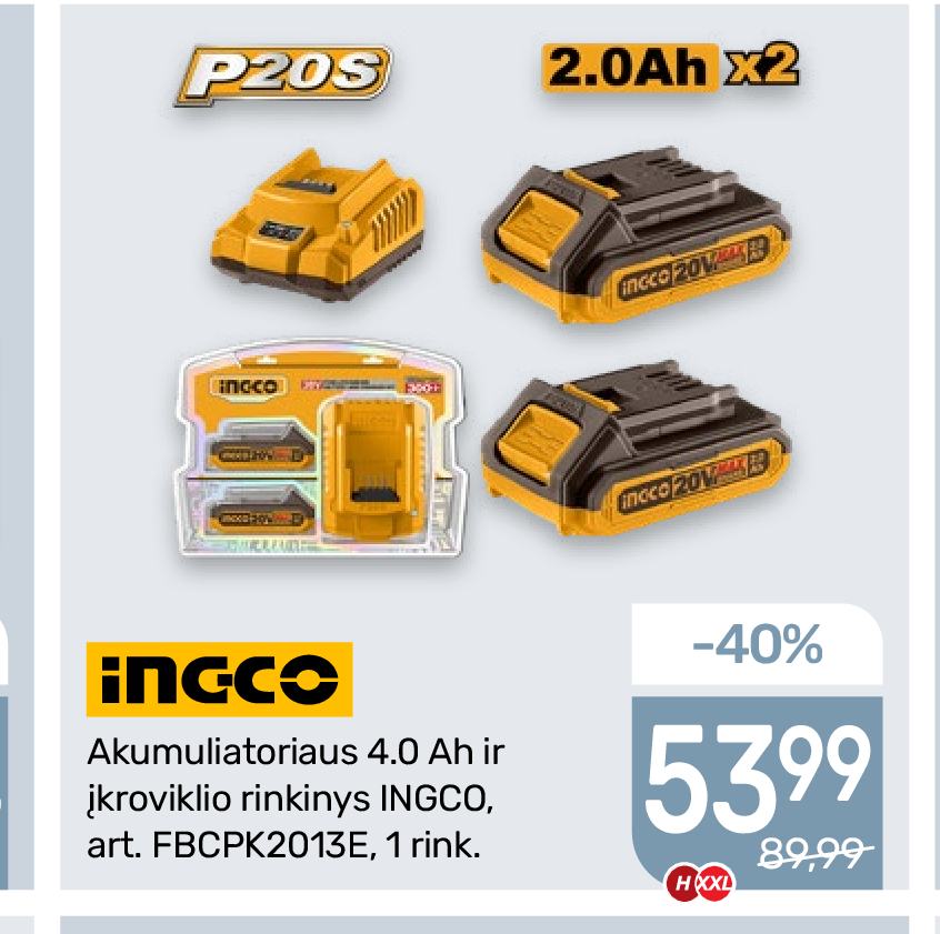 Akumuliatoriaus 4.0 Ah ir įkroviklio rinkinys INGCO, 1 rink.