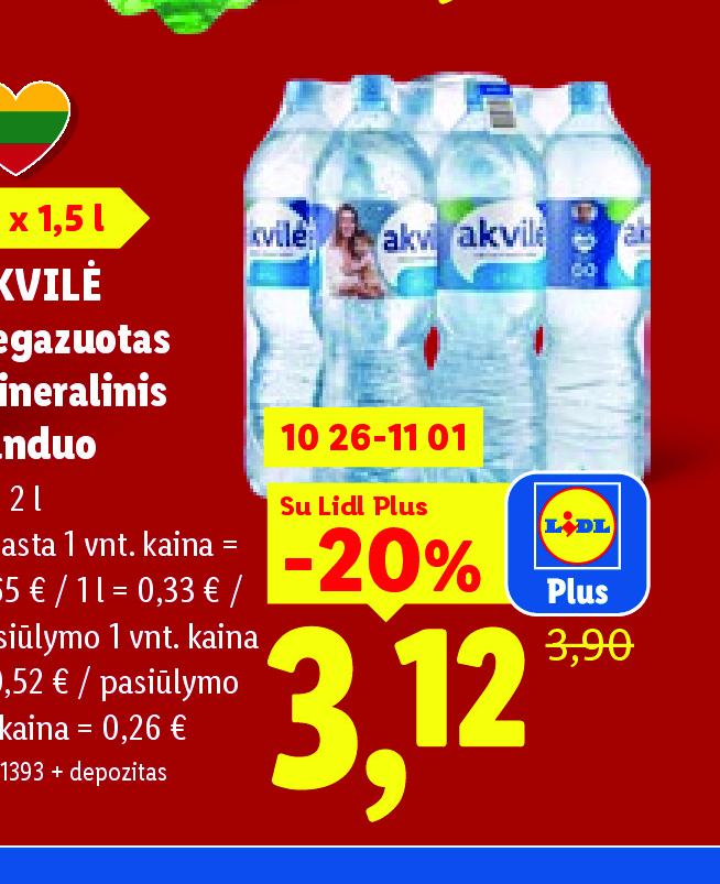 AKVILĖ Negazuotas mineralinis vanduo, 6 x 2 l