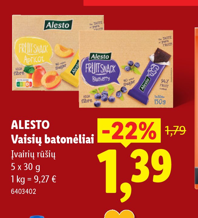 ALESTO Vaisių batonėliai, 5 x 30 g