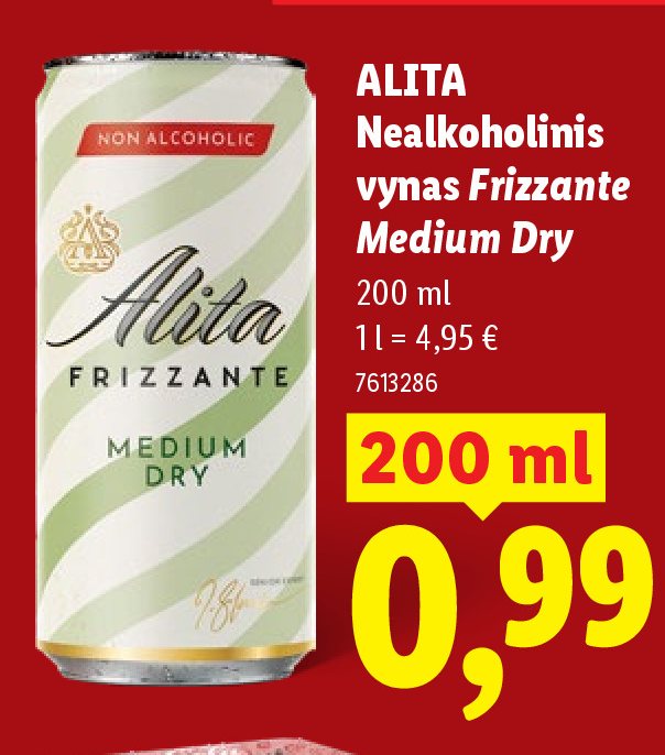 ALITA Nealkoholinis vynas Frizzante Medium Dry, 200 ml