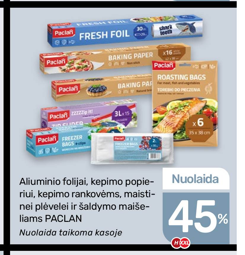 Aliuminio folijai, kepimo popieriui, kepimo rankovėms, maistinei plėvelei ir šaldymo maišeliams PACLAN