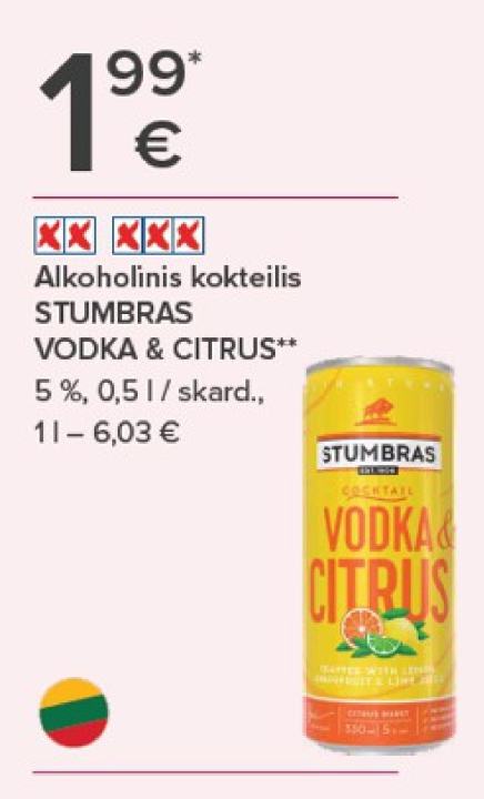 Alkoholinis kokteilis STUMBRAS VODKA & CITRUS, 0.5 l