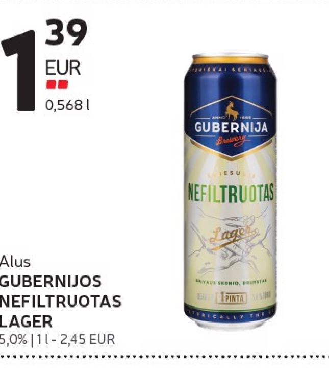 Alus GUBERNIJOS NEFILTRUOTAS LAGER, 0.568 l