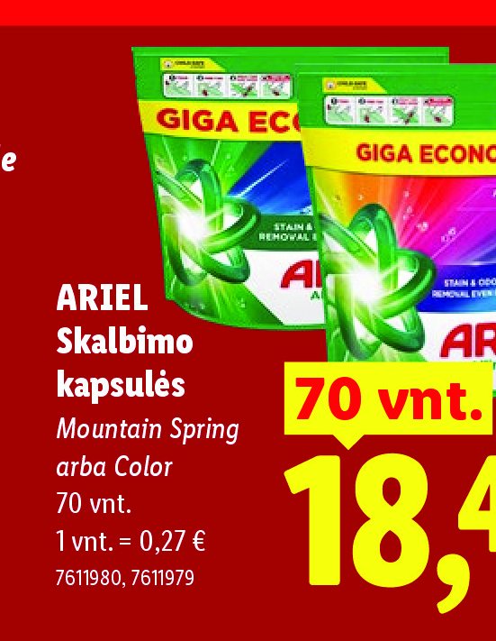 ARIEL Skalbimo kapsulės Mountain Spring arba Color, 70 vnt