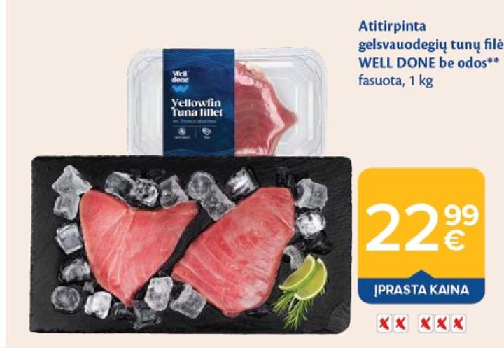 Atitirpinta gelsvauodegių tunų filė WELL DONE be odos, 1 kg