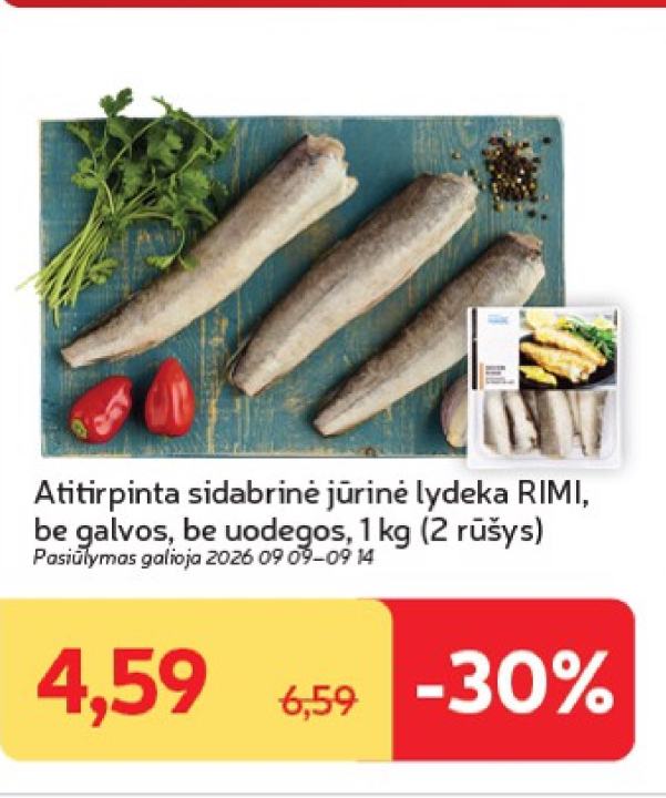 Atitirpinta sidabrinė jūrinė lydeka RIMI, be galvos, be uodegos, 1 kg