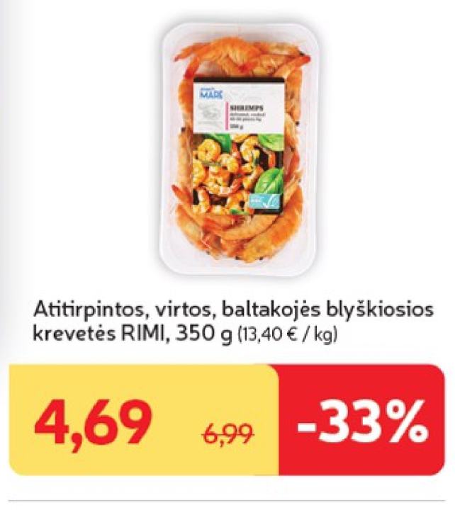 Atitirpintos, virtos, baltakojės blyškiosios krevetės RIMI, 350 g