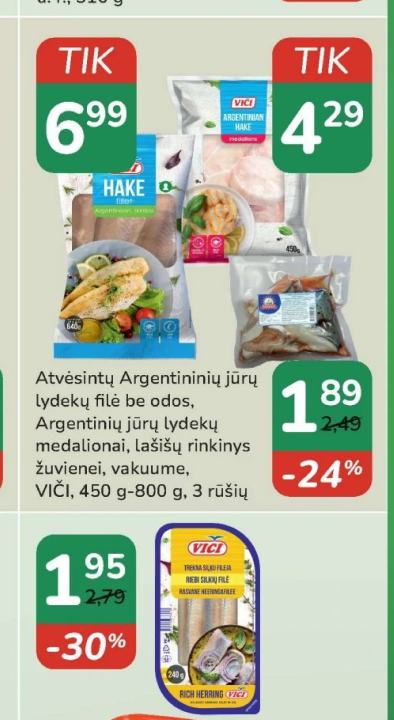 Atvėsintų Argentininių jūrų lydekų filė be odos, Argentinių jūrų lydekų medalionai, lašišų rinkinys žuvienei, vakuume, VIČI, 450 g-800 g