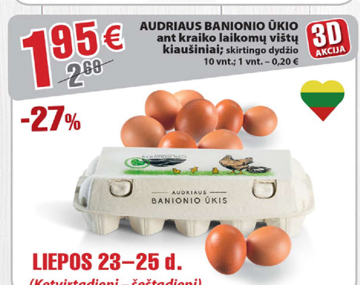 AUDRIAUS BANIONIO ŪKIO ant kraiko laisvai laikomų vištų kiaušiniai, 10 vnt