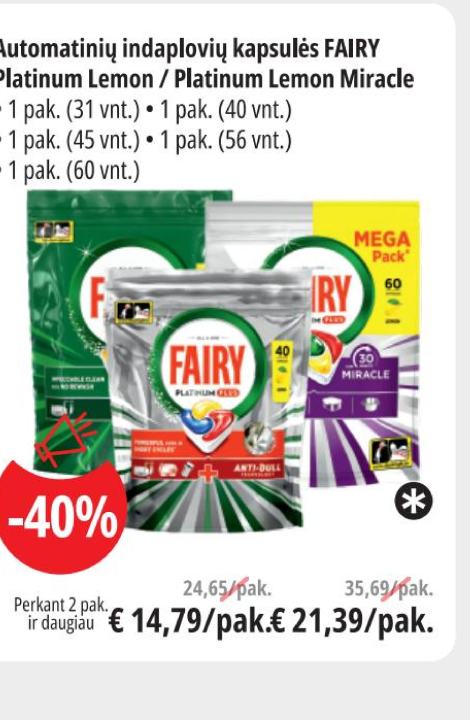 Automatinių indaplovių kapsulės FAIRY Platinum Lemon / Platinum Lemon Miracle, 1 pak.