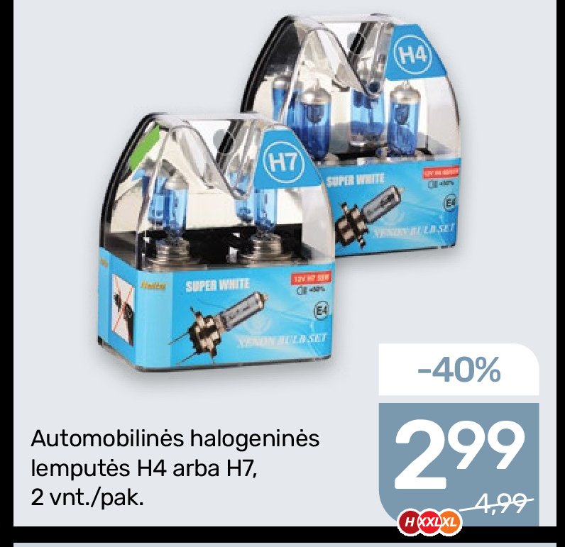 Automobilinės halogeninės lemputės H4 arba H7, 2 vnt
