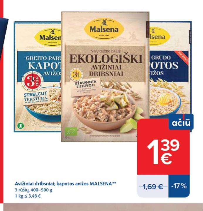 Avižiniai dribsniai; kapotos avižos MALSENA, 500 g