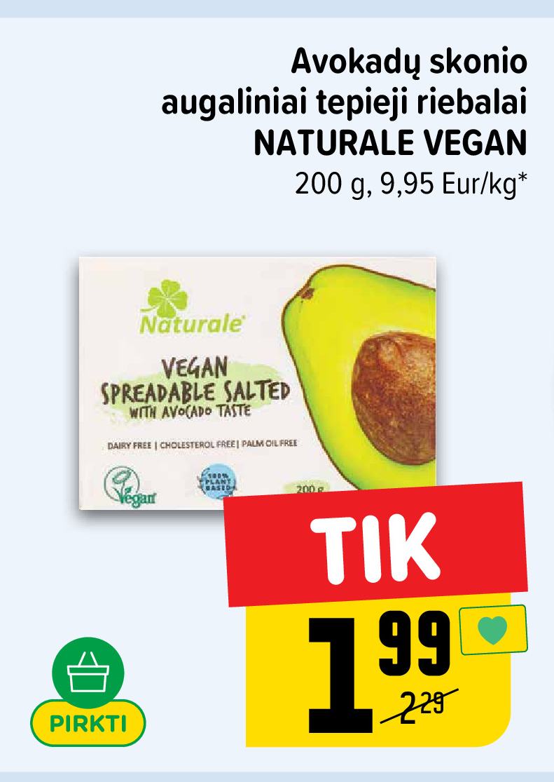 Avokadų skonio augaliniai tepieji riebalai NATURALE VEGAN, 200 g