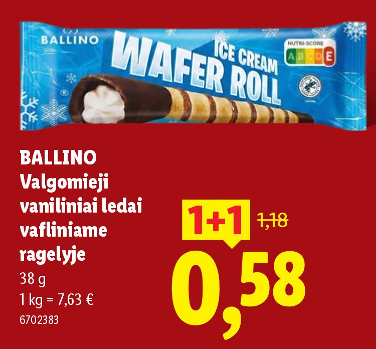 BALLINO Valgomieji vaniliniai ledai vafliniame ragelyje, 38 g