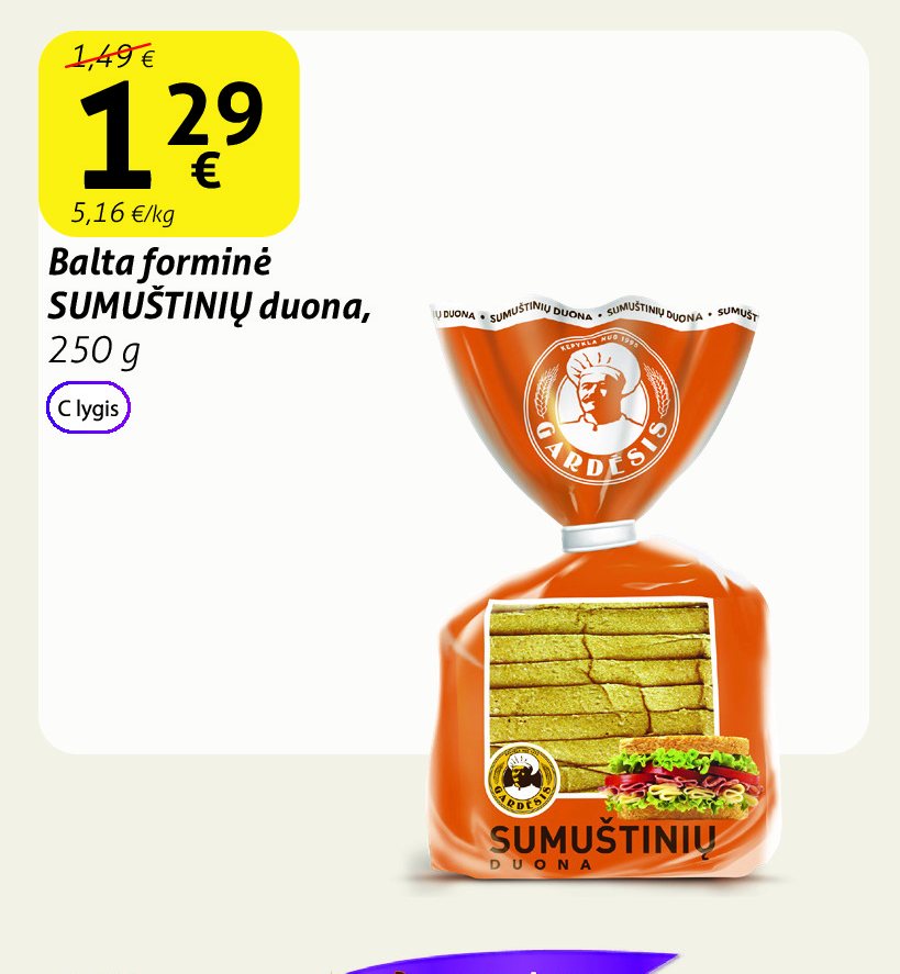 Balta forminė SUMUŠTINIŲ duona, 250 g