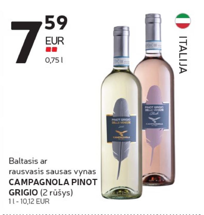 Baltasis ar rausvasis sausas vynas CAMPAGNOLA PINOT GRIGIO, 0.75 l