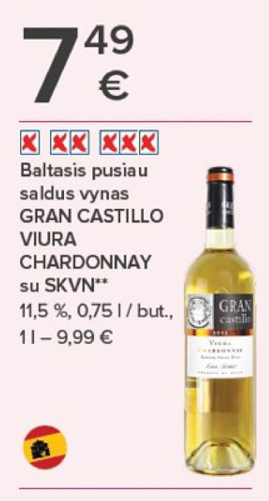 Baltasis pusiau saldus vynas GRAN CASTILLO VIURA CHARDONNAY su SKVN, 0.75 l