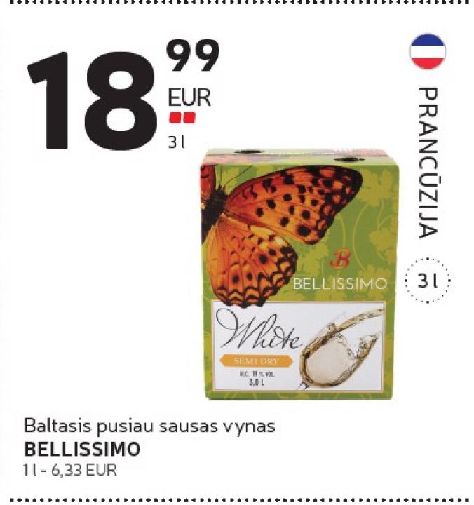 Baltasis pusiau sausas vynas BELLISSIMO, 3 l