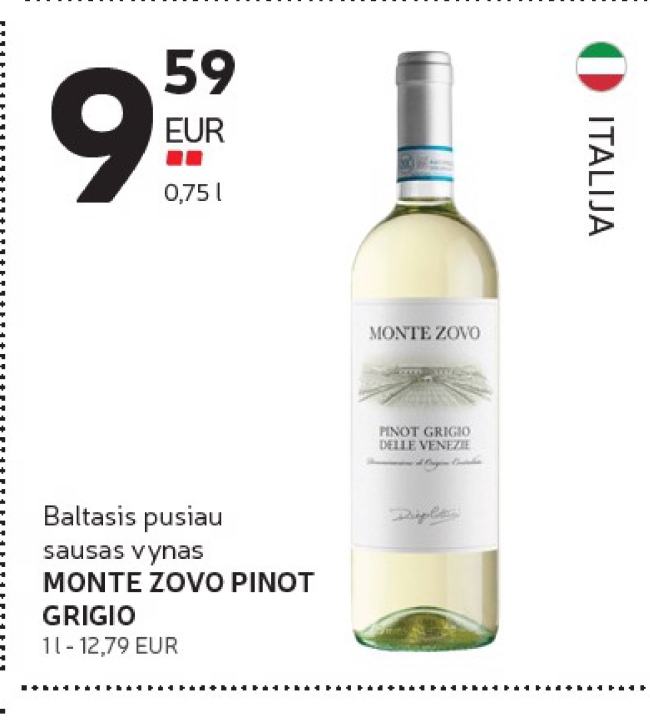 Baltasis pusiau sausas vynas MONTE ZOVO PINOT GRIGIO, 0.75 l