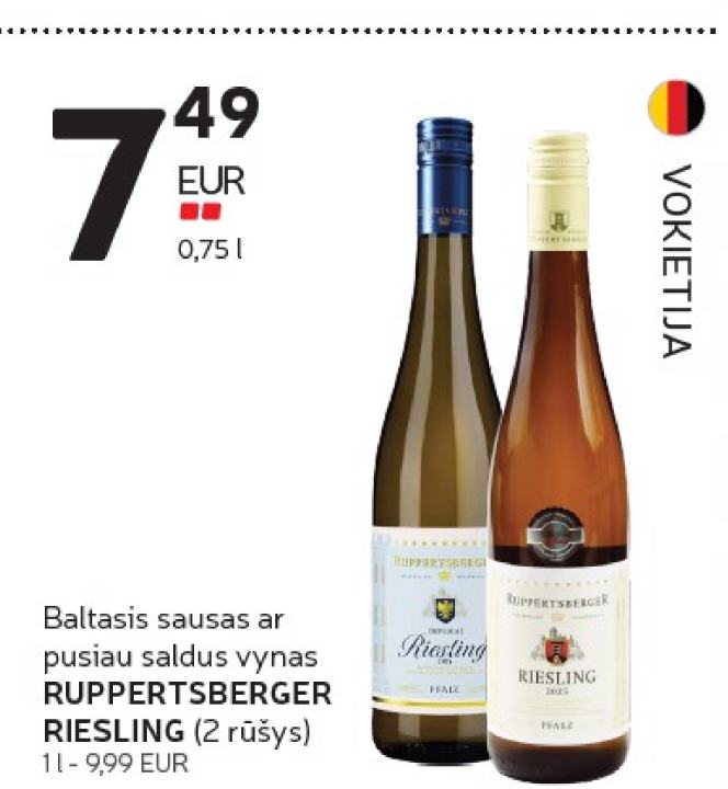 Baltasis sausas ar pusiau saldus vynas RUPPERTSBERGER RIESLING, 0.75 l