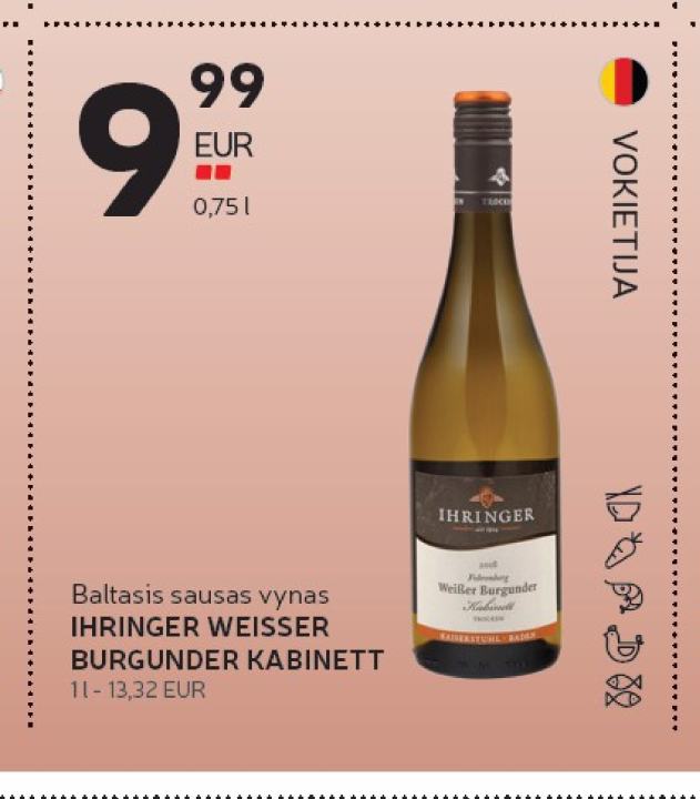 Baltasis sausas vynas IHRINGER WEISSER BURGUNDER KABINETT, 1 l