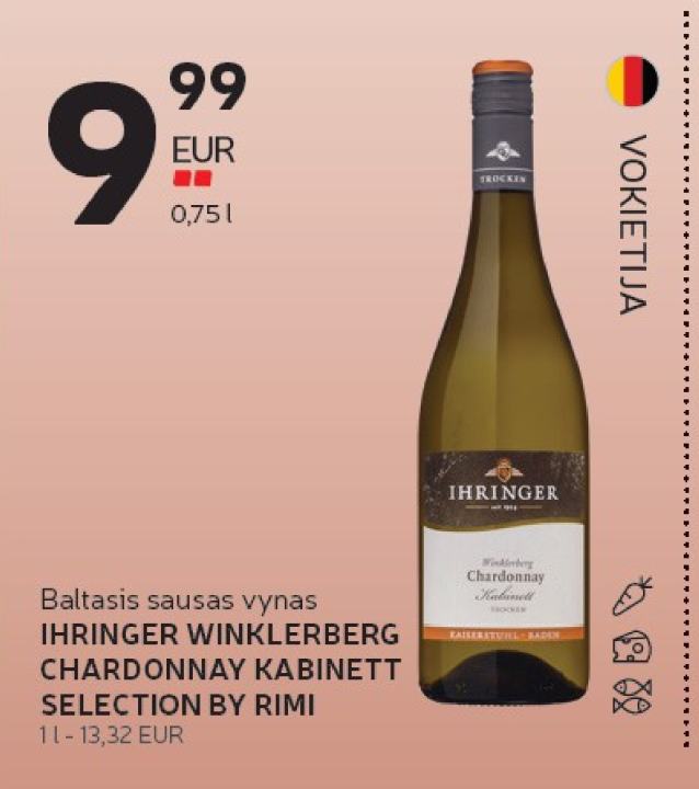 Baltasis sausas vynas IHRINGER WINKLERBERG CHARDONNAY KABINETT SELECTION BY RIMI, 0.75 l