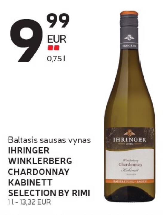 Baltasis sausas vynas IHRINGER WINKLERBERG CHARDONNAY KABINETT SELECTION BY RIMI, 1 l