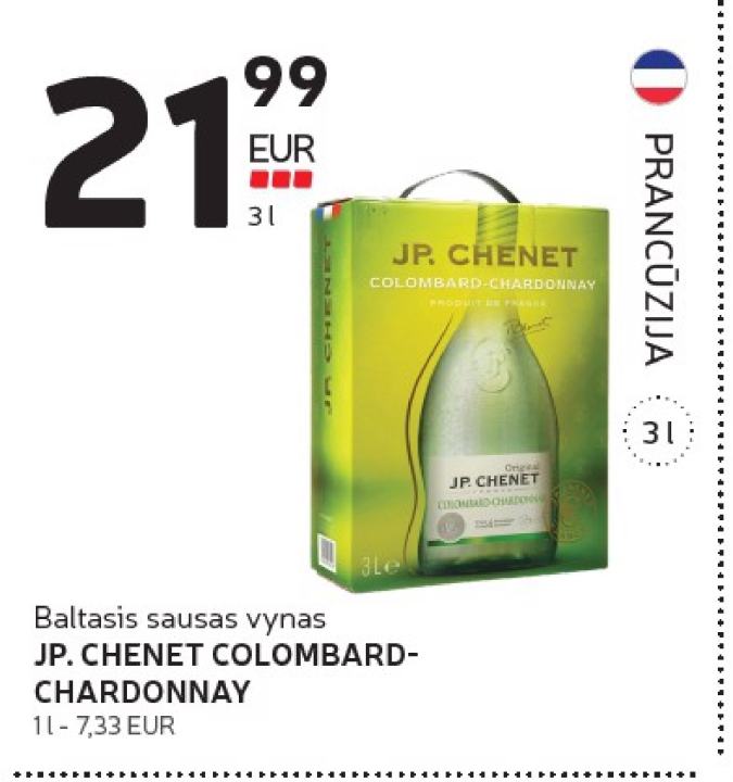 Baltasis sausas vynas JP. CHENET COLOMBARD-CHARDONNAY, 3 l