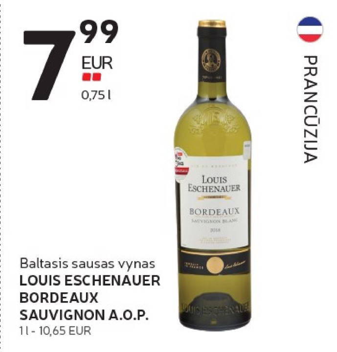 Baltasis sausas vynas LOUIS ESCHENAUER BORDEAUX SAUVIGNON A.O.P., 0.75 l