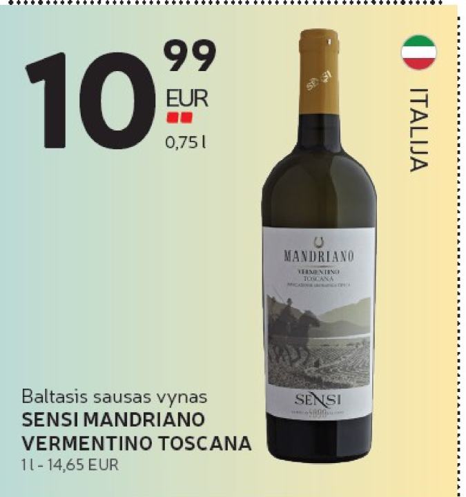 Baltasis sausas vynas SENSI MANDRIANO VERMENTINO TOSCANA, 0.75 l
