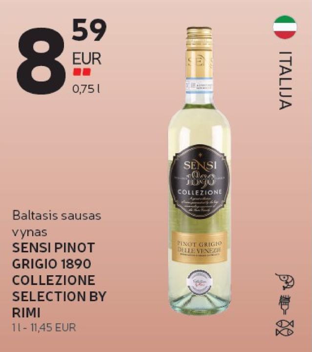 Baltasis sausas vynas SENSI PINOT GRIGIO 1890 COLLEZIONE SELECTION BY RIMI, 0.75 l