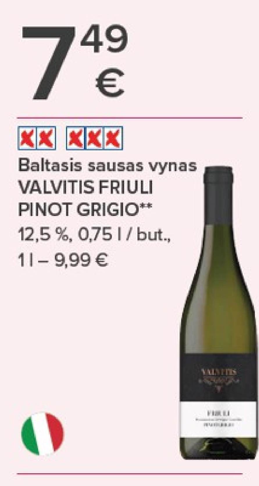 Baltasis sausas vynas VALVITIS FRIULI PINOT GRIGIO, 0.75 l