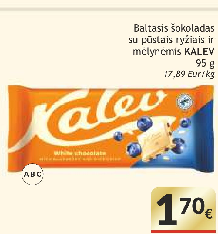 Baltasis šokoladas su pūstais ryžiais ir mėlynėmis KALEV, 95 g