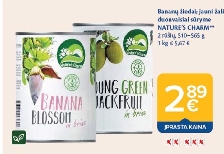 Bananų žiedai; jauni žalieji duonvaisiai sūryme NATURE'S CHARM, 565 g