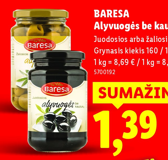 BARESA Alyvuogės be kauliukų, 170 g