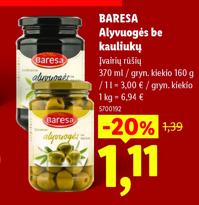 BARESA Alyvuogės be kauliukų, 370 ml