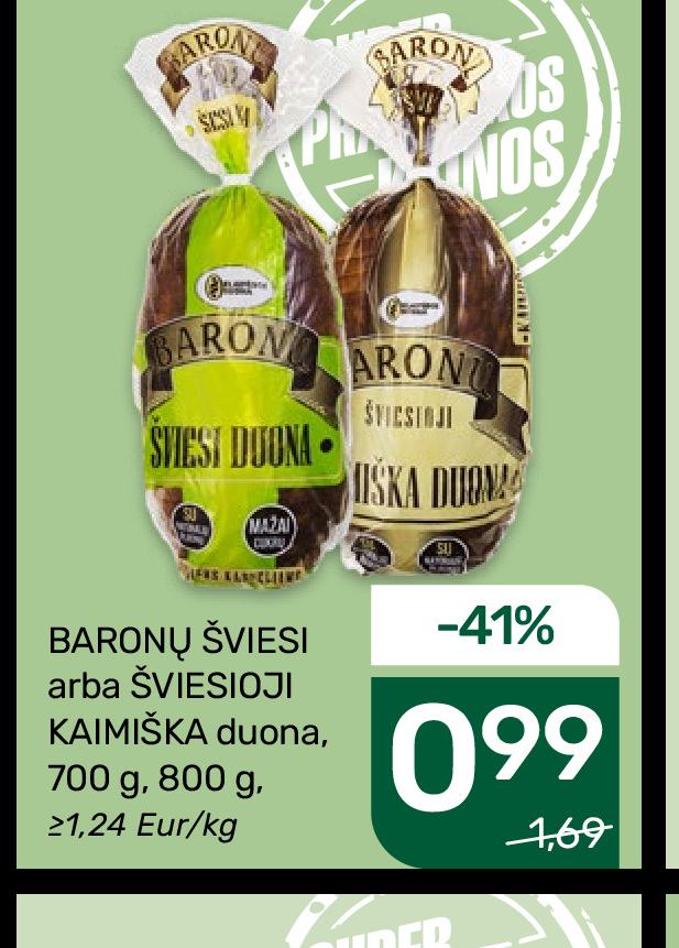 BARONŲ ŠVIESI arba ŠVIESIOJI KAIMIŠKA duona, 700 g