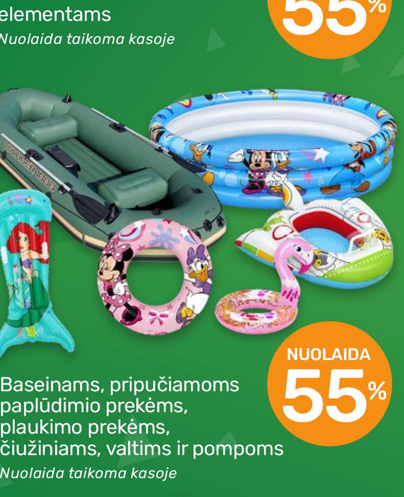 Baseinams, pripučiamoms paplūdimio prekėms, plaukimo prekėms, čiužiniams, valtims ir pompoms