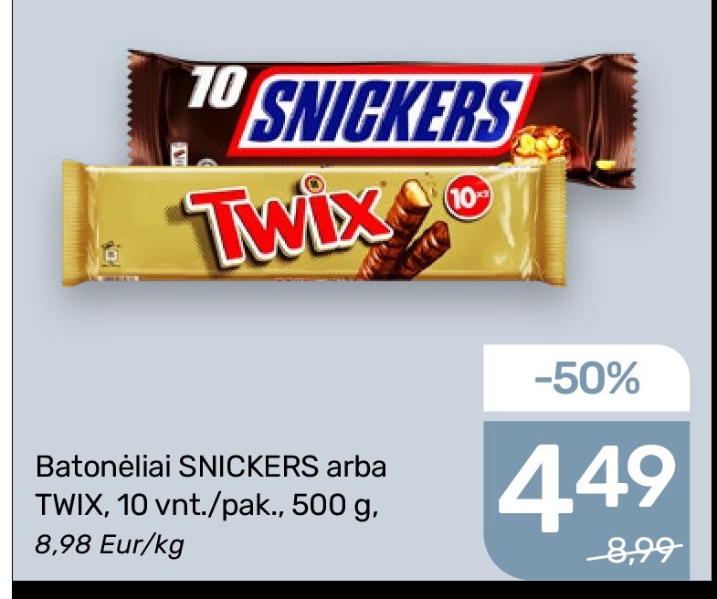 Batonėliai SNICKERS arba TWIX, 10 vnt