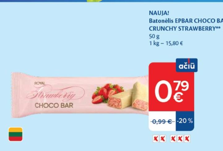 Batonėlis EPBAR CHOCO BAR CRUNCHY STRAWBERRY, 50 g