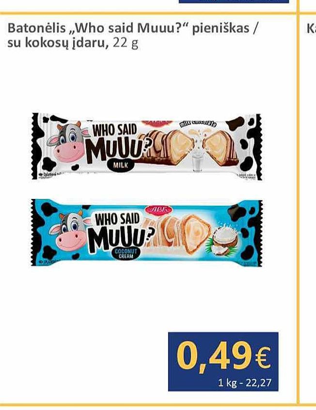 Batonėlis „Who said Muuu?“ pieniškas / su kokosų įdaru, 22 g