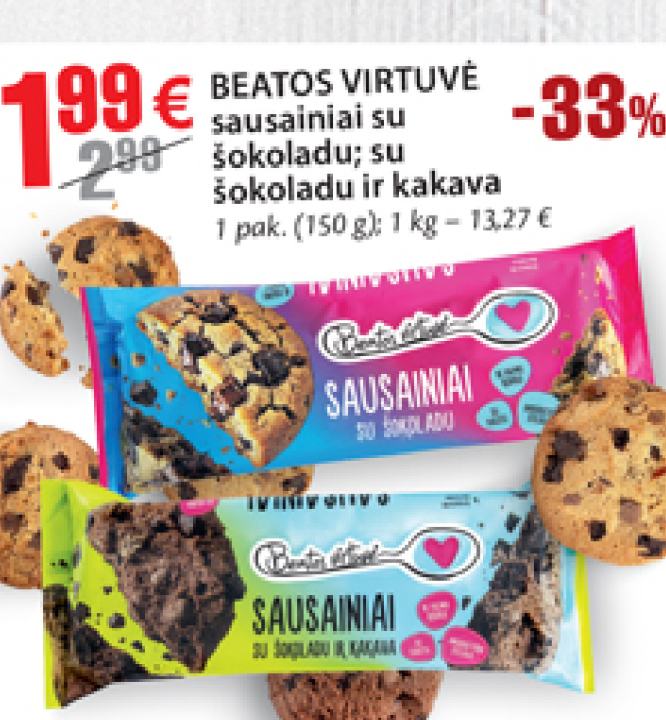 BEATOS VIRTUVĖ sausainiai su šokoladu; su šokoladu ir kakava, 150 g