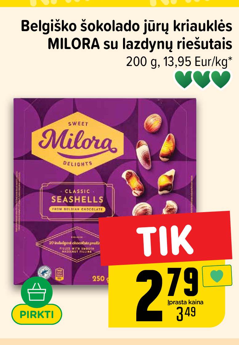 Belgiško šokolado jūrų kriauklės MILORA su lazdynų riešutais, 200 g