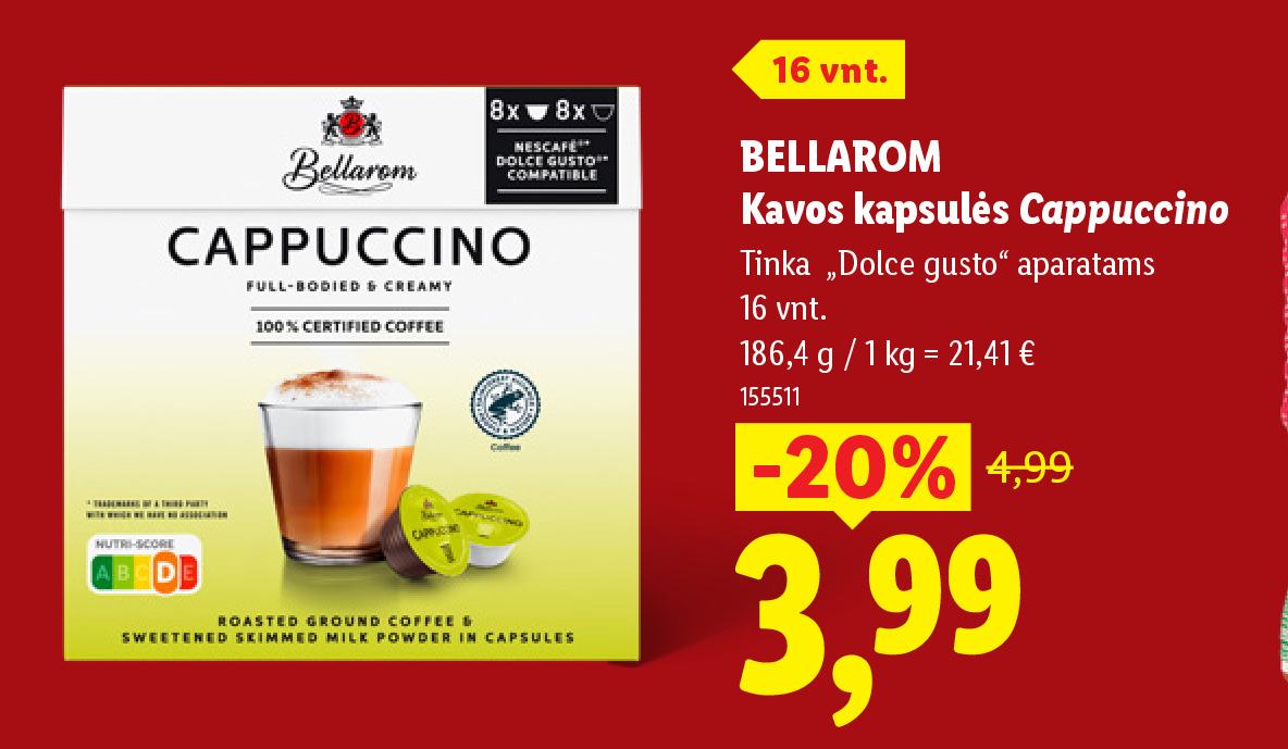 BELLAROM Kavos kapsulės Cappuccino, 16 vnt