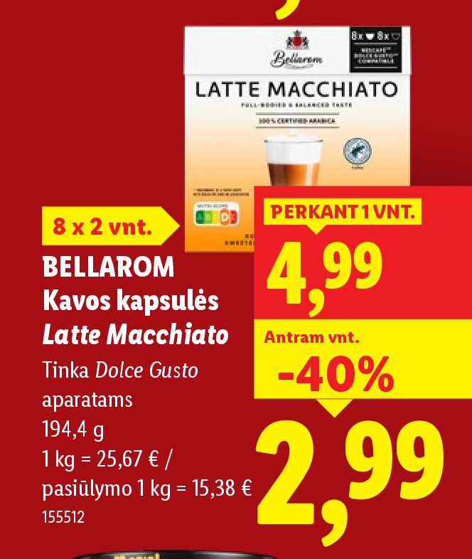 BELLAROM Kavos kapsulės Latte Macchiato, 8 x 2 vnt