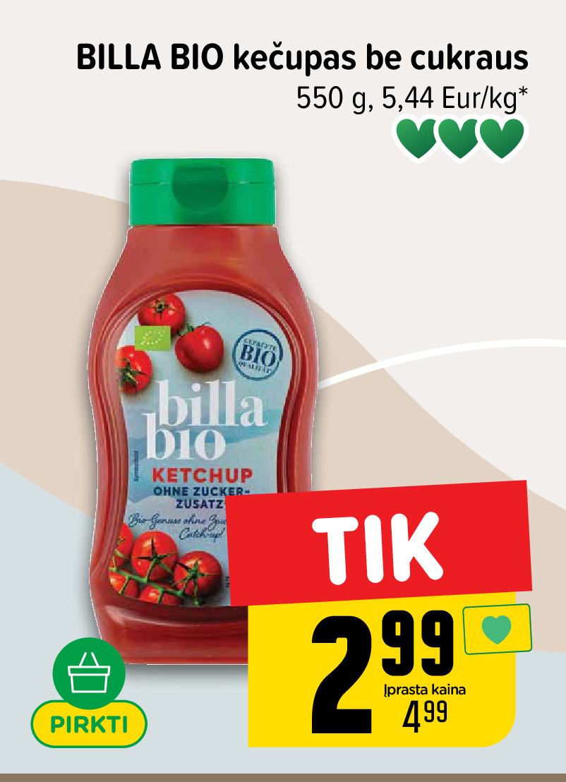 BILLA BIO kečupas be cukraus, 550 g