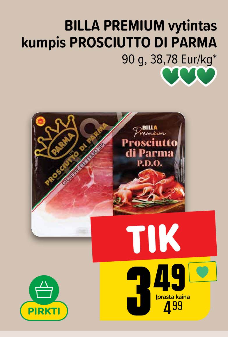 BILLA PREMIUM vytintas kumpis PROSCIUTTO DI PARMA, 90 g